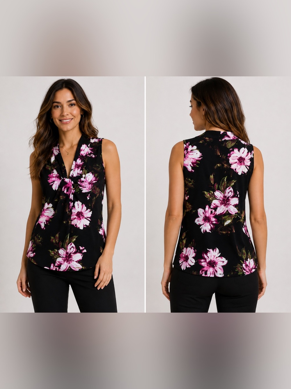 Calvin Klein Floral Sleeveless Blouse Women’s M Black Pink Tie Neck Stretch